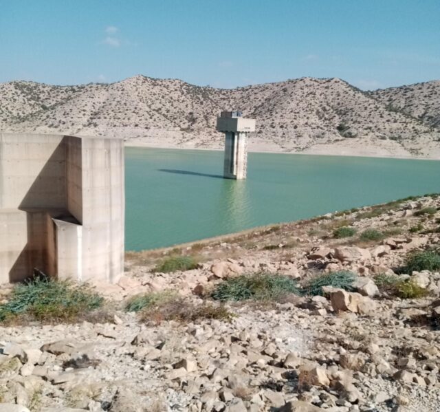 Groundwater in the Nebhana system, Nebhana Dam in August 2024 with water levels of water under the safety level, Tunissia