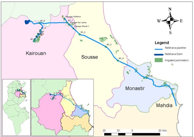 The locations of the Ain Bou Morra and Chougafia aquifers, Hmadet Hassine, the Sisseb aquifer, and the various irrigated perimeter