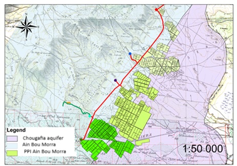 The locations of the Ain Bou Morra and Chougafia aquifers, Hmadet Hassine, the Sisseb aquifer, and the various irrigated perimeter