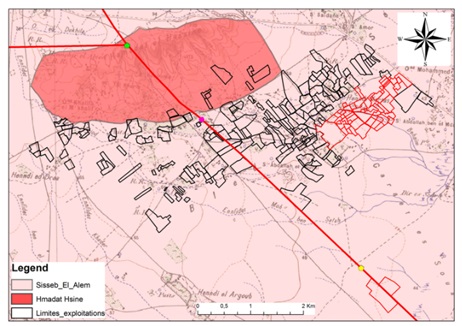 The locations of the Ain Bou Morra and Chougafia aquifers, Hmadet Hassine, the Sisseb aquifer, and the various irrigated perimeter